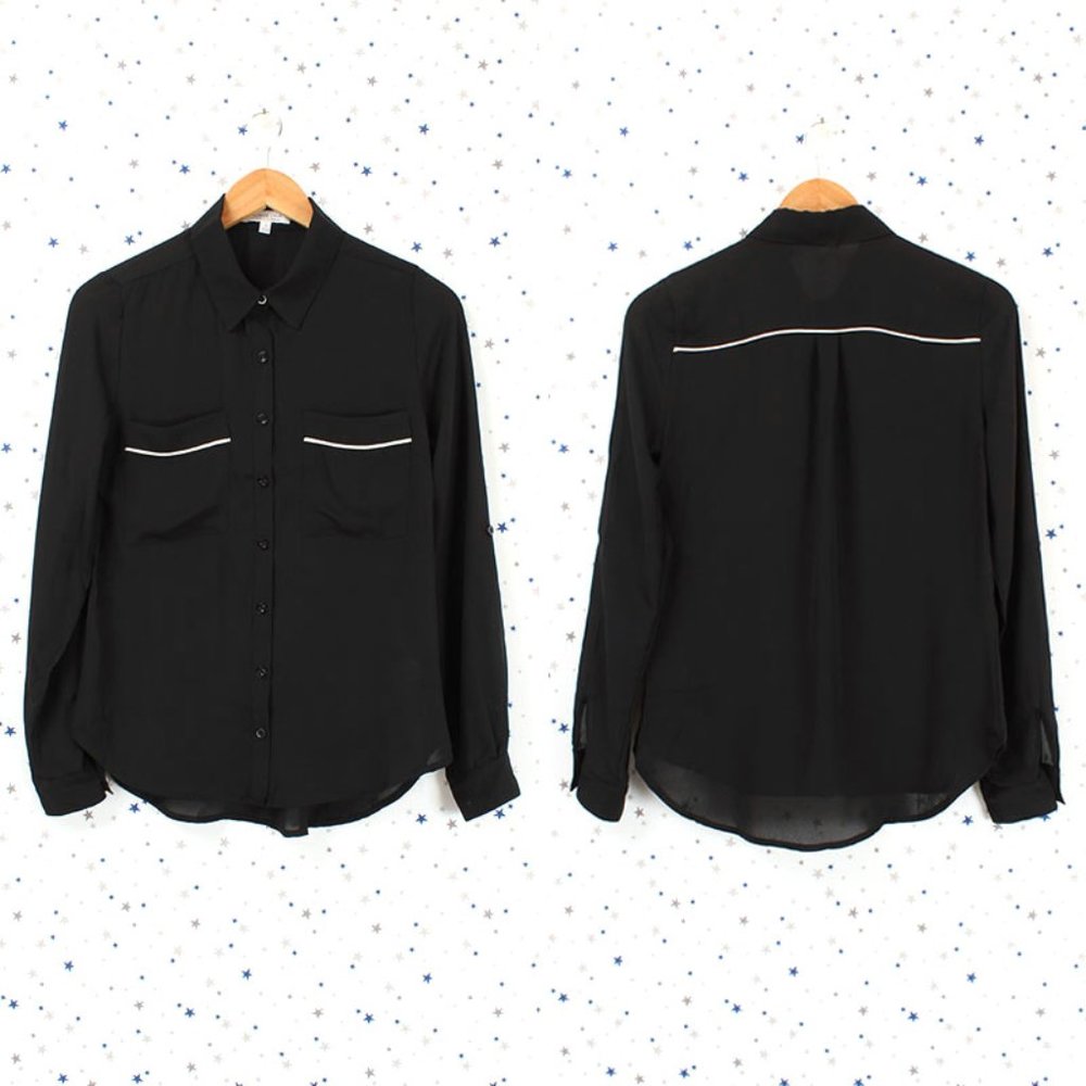 Roll Up Sleeve Button Up Chiffon Blouse Top Black - Picture 7 of 8